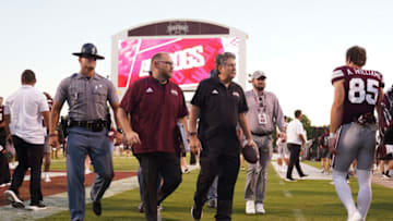 Oct 1, 2022; Starkville, Mississippi, USA; Mississippi State Bulldogs head coach Mike Leach walks off the field after the game against the Texas A&M Aggies at Davis Wade Stadium at Scott Field. Mandatory Credit: Matt Bush-USA TODAY Sports