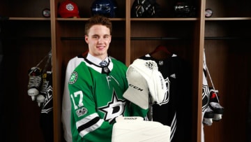 CHICAGO, IL - JUNE 23: Jake Oettinger, 26th overall pick of the Dallas Stars, poses for a portrait during Round One of the 2017 NHL Draft at United Center on June 23, 2017 in Chicago, Illinois. (Photo by Jeff Vinnick/NHLI via Getty Images)