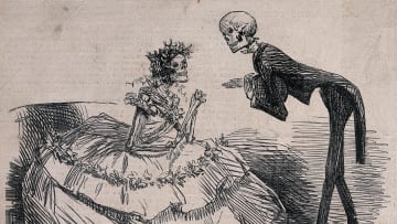 An 1862 engraving showing a skeleton gentleman at a ball asking a skeleton lady to dance, meant to represent the effect of arsenic dyes and pigments in clothing and accessories.