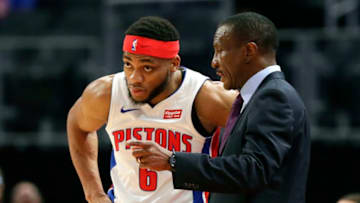 DETROIT, MI - DECEMBER 21: Head coach Dwane Casey of the Detroit Pistons talks with Bruce Brown #6 during the first half of a game against the Chicago Bulls at Little Caesars Arena on December 21, 2019, in Detroit, Michigan. The Bulls defeated the Pistons 119-107. NOTE TO USER: User expressly acknowledges and agrees that, by downloading and or using this photograph, User is consenting to the terms and conditions of the Getty Images License Agreement. (Photo by Duane Burleson/Getty Images)