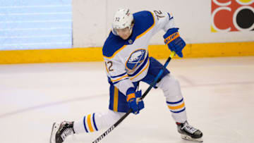 Dec 2, 2021; Sunrise, Florida, USA; Buffalo Sabres right wing Tage Thompson (72) shoots the puck against the Florida Panthers during the third period at FLA Live Arena. Mandatory Credit: Jasen Vinlove-USA TODAY Sports