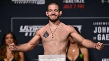 LAS VEGAS, NV - JULY 06: Tom Gallicchio poses on the scale during the UFC weigh-in at the Park Theater on July 6, 2017 in Las Vegas, Nevada. (Photo by Jeff Bottari/Zuffa LLC/Zuffa LLC via Getty Images)