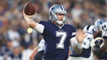 LOS ANGELES, CA - AUGUST 12: Cooper Rush #7 of the Dallas Cowboys throws a pass during the preseason game against the Los Angeles Rams at the Los Angeles Memorial Coliseum on August 12, 2017 in Los Angeles, California. (Photo by Sean M. Haffey/Getty Images)