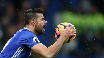 February 25th 2017, Stamford Bridge, Chelsea, London, England; EPL Premier league football, Chelsea versus Swansea City; Diego Costa of Chelsea holding the match ball (Photo by John Patrick Fletcher/Action Plus via Getty Images)