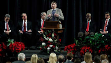 Georgia football coach Kirby Smart speaks at the celebration of the life of Vince Dooley at Stegeman Coliseum in Athens, Ga., on Friday, Nov. 25, 2022. "He put Georgia on the map," Smart said.News Joshua L Jones