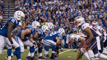 October 18, 2015: Indianapolis Colts center Khaled Holmes (62) prepares to hike the ball during a NFL game between the Indianapolis Colts and New England Patriots at Lucas Oil Stadium in Indianapolis, IN. (Photo by Zach Bolinger/Icon Sportswire) (Photo by Zach Bolinger/Icon Sportswire/Corbis via Getty Images)
