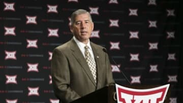 Jul 21, 2014; Dallas, TX, USA; Big 12 commissioner Bob Bowlsby speaks to the media during the Big 12 Media Day at the Omni Dallas. Mandatory Credit: Kevin Jairaj-USA TODAY Sports