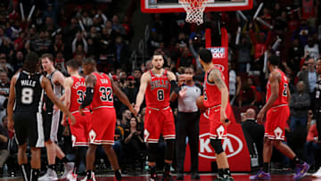 CHICAGO, IL - JANUARY 27: Zach LaVine #8 of the Chicago Bulls hi-fives teammates during the game against the San Antonio Spurs on January 27, 2020 at the United Center in Chicago, Illinois. NOTE TO USER: User expressly acknowledges and agrees that, by downloading and or using this photograph, user is consenting to the terms and conditions of the Getty Images License Agreement. Mandatory Copyright Notice: Copyright 2020 NBAE (Photo by Gary Dineen/NBAE via Getty Images)