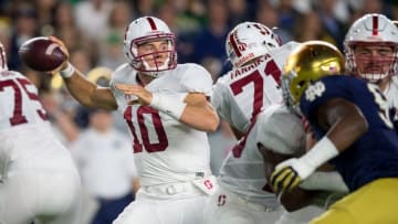 Oct 15, 2016; South Bend, IN, USA; Stanford Cardinal quarterback Keller Chryst (10) throws the ball in the second quarter against the Notre Dame Fighting Irish at Notre Dame Stadium. Mandatory Credit: Matt Cashore-USA TODAY Sports