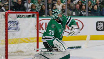 DALLAS, TX - FEBRUARY 05: Dallas Stars goaltender Ben Bishop (30) makes the save against during the game between the Dallas Stars and the New York Rangers on February 5, 2018 at the American Airlines Center in Dallas, Texas. Dallas defeats New York 2-1. (Photo by Matthew Pearce/Icon Sportswire via Getty Images)