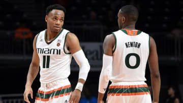 Dec 6, 2016; Coral Gables, FL, USA; Miami Hurricanes guard Bruce Brown (left) talks with Miami Hurricanes guard Ja
