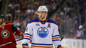 Mar 10, 2016; Saint Paul, MN, USA; Edmonton Oilers forward Taylor Hall (4) in first period against the Minnesota Wild at Xcel Energy Center. Mandatory Credit: Brad Rempel-USA TODAY Sports