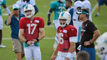 Aug 11, 2015; Davie, FL, USA; Miami Dolphins quarterback Ryan Tannehill (17) during practice drills at Doctors Hospital Training Facility. Mandatory Credit: Steve Mitchell-USA TODAY Sports
