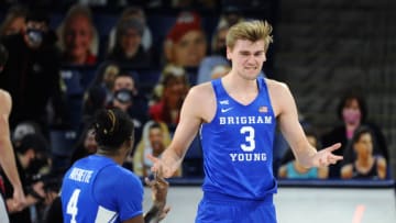 Jan 7, 2021; Spokane, Washington, USA; Brigham Young Cougars forward Matt Haarms (3) reacts after being called for a foul during a game against the Gonzaga Bulldogs in the first half of a WCC men’s basketball game at McCarthey Athletic Center. Mandatory Credit: James Snook-USA TODAY Sports
