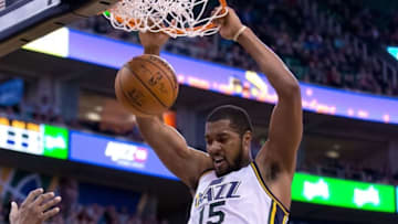 Feb 23, 2016; Salt Lake City, UT, USA; Utah Jazz forward Derrick Favors (15) dunks the ball during the second half against the Houston Rockets at Vivint Smart Home Arena. Utah won in overtime 117-114. Mandatory Credit: Russ Isabella-USA TODAY Sports