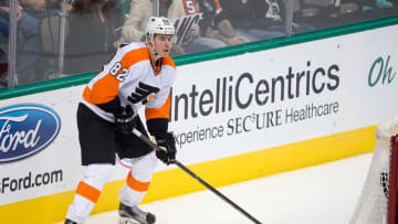 Dec 11, 2015; Dallas, TX, USA; Philadelphia Flyers defenseman Evgeny Medvedev (82) skates against the Dallas Stars during the game at the American Airlines Center. The Stars defeat the Flyers 3-1. Mandatory Credit: Jerome Miron-USA TODAY Sports