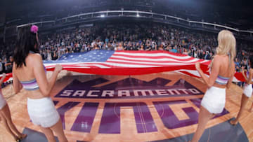 SACRAMENTO, CA - MARCH 29: The Sacramento Kings dance team holds up the American flag during the national anthem of the game between the Utah Jazz and Sacramento Kings on March 29, 2017 at Golden 1 Center in Sacramento, California. NOTE TO USER: User expressly acknowledges and agrees that, by downloading and or using this photograph, User is consenting to the terms and conditions of the Getty Images Agreement. Mandatory Copyright Notice: Copyright 2017 NBAE (Photo by Rocky Widner/NBAE via Getty Images)