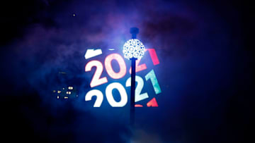 NEW YORK, NEW YORK – DECEMBER 31: The ball is raised into place in Times Square during 2021 New Year’s Eve celebrations on December 31, 2020 in New York City. (Photo by Gary Hershorn-Pool/Getty Images)