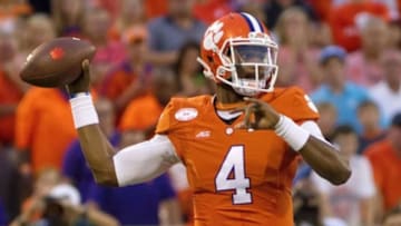 Sep 27, 2014; Clemson, SC, USA; Clemson Tigers quarterback Deshaun Watson (4) throws the ball during the first quarter against the North Carolina Tar Heels at Clemson Memorial Stadium. Mandatory Credit: Joshua S. Kelly-USA TODAY Sports