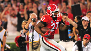 ATHENS, GA - SEPTEMBER 16: Nick Chubb #27 of the Georgia Bulldogs carries the ball for a 32 yard touchdown against the Samford Bulldogs at Sanford Stadium on September 16, 2017 in Athens, Georgia. (Photo by Scott Cunningham/Getty Images)