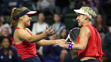 EVERETT, WASHINGTON - FEBRUARY 08: Sofia Kenin of USA (L) and Bethanie Mattek-Sands of USA celebrate after defeating Anastasija Sevastova of Latvia and Jelena Ostapenko of Latvia in the women's doubles to advance Team USA in the 2020 Fed Cup qualifier at Angel of the Winds Arena on February 08, 2020 in Everett, Washington. (Photo by Abbie Parr/Getty Images)