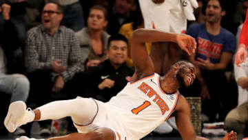 NEW YORK, NY - NOVEMBER 05: Emmanuel Mudiay #1 of the New York Knicks reacts after missing a shot in the first overtime period against the Chicago Bulls at Madison Square Garden on November5, 2018 in New York City. NOTE TO USER: User expressly acknowledges and agrees that, by downloading and or using this Photograph, user is consenting to the terms and conditions of the Getty Images License Agreement (Photo by Elsa/Getty Images)