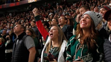 ST. PAUL, MN - NOVEMBER 23: Minnesota Wild Fans react to the 3rd period goal of Eric Staal #12 of the Minnesota Wild during a game with the Winnipeg Jets at Xcel Energy Center on November 23, 2018 in St. Paul, Minnesota. The Wild defeated the Jets 4-2.(Photo by Bruce Kluckhohn/NHLI via Getty Images)