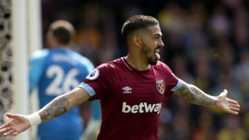 WATFORD, ENGLAND - MAY 12: Manuel Lanzini of West Ham United celebrates after scoring his team's second goal during the Premier League match between Watford FC and West Ham United at Vicarage Road on May 12, 2019 in Watford, United Kingdom. (Photo by Henry Browne/Getty Images)
