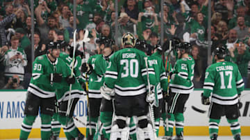 DALLAS, TX - APRIL 22: Ben Bishop #30 of the Dallas Stars is congratulated on a win against the Nashville Predators in Game Six of the Western Conference First Round during the 2019 NHL Stanley Cup Playoffs at the American Airlines Center on April 22, 2019 in Dallas, Texas. (Photo by Glenn James/NHLI via Getty Images)