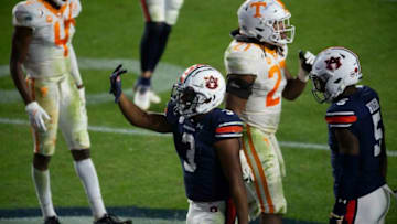 Auburn football running back D.J. Williams (3) celebrates his touchdown run at Jordan-Hare Stadium in Auburn, Ala., on Saturday, Nov. 21, 2020. Auburn defeated Tennessee 30-17.
