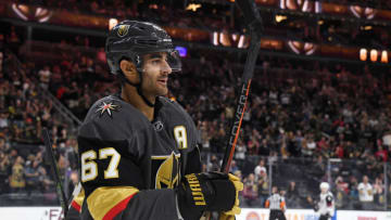 LAS VEGAS, NEVADA - SEPTEMBER 15: Max Pacioretty #67 of the Vegas Golden Knights skates toward his bench after assisting teammate Cody Eakin #21 on a second-period goal against the Arizona Coyotes during their preseason game at T-Mobile Arena on September 15, 2019 in Las Vegas, Nevada. The Golden Knights defeated the Coyotes 6-2. (Photo by Ethan Miller/Getty Images)