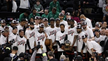 May 29, 2023; Boston, Massachusetts, USA; The Miami Heat celebrates on the podium after defeating the Boston Celtics in game seven of the Eastern Conference Finals for the 2023 NBA playoffs at TD Garden. Mandatory Credit: Winslow Townson-USA TODAY Sports