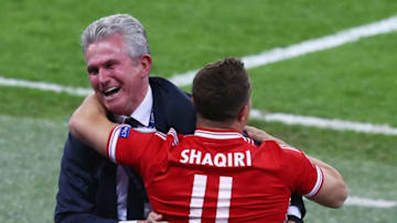 LONDON, ENGLAND - MAY 25: Head Coach Jupp Heynckes of Bayern Muenchen celebrates victory with Xherdan Shaqiri after the UEFA Champions League final match between Borussia Dortmund and FC Bayern Muenchen at Wembley Stadium on May 25, 2013 in London, United Kingdom. (Photo by Martin Rose/Getty Images)
