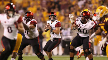 TEMPE, AZ - SEPTEMBER 09: Quarterback Christian Chapman #10 of the San Diego State Aztecs drops back to pass during the second half of the college football game against the Arizona State Sun Devils at Sun Devil Stadium on September 9, 2017 in Tempe, Arizona. The Aztecs defeated the Sun Devils 30-20. (Photo by Christian Petersen/Getty Images)