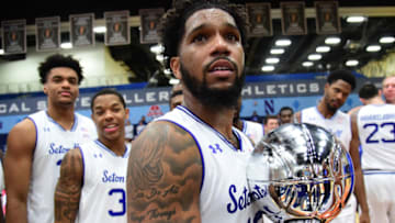 FULLERTON, CA - NOVEMBER 25: Myles Powell #13 of the Seton Hall Pirates holds the Wooden Legacy Championship trophy after he was named tournament MVP at Titan Gym on November 25, 2018 in Fullerton, California. The Seton Hall Pirates defeated the Miami Hurricanes83-81. (Photo by Jayne Kamin-Oncea/Getty Images)