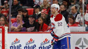 DETROIT, MI - APRIL 05: Montreal Canadiens defenseman Karl Alzner (22) looks on during a regular season NHL hockey game between the Montreal Canadiens and the Detroit Red Wings on April 5, 2018, at Little Caesars Arena in Detroit, Michigan. (Photo by Scott W. Grau/Icon Sportswire via Getty Images)