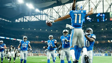 Oct 16, 2016; Detroit, MI, USA; Detroit Lions wide receiver Marvin Jones (11) celebrates his touchdown with teammates during the first quarter against the Los Angeles Rams at Ford Field. Mandatory Credit: Tim Fuller-USA TODAY Sports