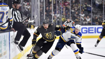 LAS VEGAS, NEVADA - JANUARY 04: William Carrier #28 of the Vegas Golden Knights skates during the first period against the St. Louis Blues at T-Mobile Arena on January 04, 2020 in Las Vegas, Nevada. (Photo by Jeff Bottari/NHLI via Getty Images)