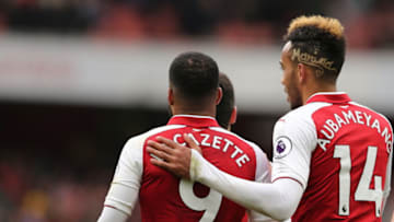 LONDON, ENGLAND - APRIL 01: Alexandre Lacazette of Arsenal and Pierre-Emerick Aubameyang of Arsenal during the Premier League match between Arsenal and Stoke City at Emirates Stadium on April 1, 2018 in London, England. (Photo by James Williamson - AMA/Getty Images)