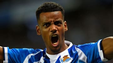 Real Sociedad's Swedish forward Alexander Isak celebrates after scoring his team's first goal during the Spanish League football match between Real Sociedad and Athletic Club Bilbao at the Anoeta stadium in San Sebastian on October 31, 2021. (Photo by ANDER GILLENEA / AFP) (Photo by ANDER GILLENEA/AFP via Getty Images)