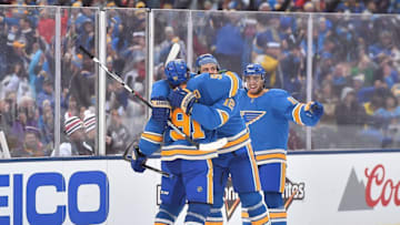 Jan 2, 2017; St. Louis, MO, USA; St. Louis Blues right wing Vladimir Tarasenko (91) celebrates with teammates after scoring a goal against the Chicago Blackhawks during the third period in the 2016 Winter Classic ice hockey game at Busch Stadium. Mandatory Credit: Jasen Vinlove-USA TODAY Sports