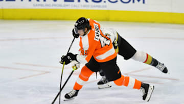 PHILADELPHIA, PA - OCTOBER 21: Philadelphia Flyers Left Wing Joel Farabee (49) shoots in the third period during the game between the Vegas Golden Knights and Philadelphia Flyers on October 21, 2019 at Wells Fargo Center in Philadelphia, PA. (Photo by Kyle Ross/Icon Sportswire via Getty Images)