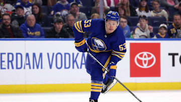Apr 14, 2022; Buffalo, New York, USA; Buffalo Sabres left wing Jeff Skinner (53) looks to take a shot on goal during the second period against the St. Louis Blues at KeyBank Center. Mandatory Credit: Timothy T. Ludwig-USA TODAY Sports