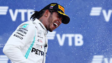 SOCHI, RUSSIA - SEPTEMBER 29: Race winner Lewis Hamilton of Great Britain and Mercedes GP celebrates on the podium during the F1 Grand Prix of Russia at Sochi Autodrom on September 29, 2019 in Sochi, Russia. (Photo by Mark Thompson/Getty Images)