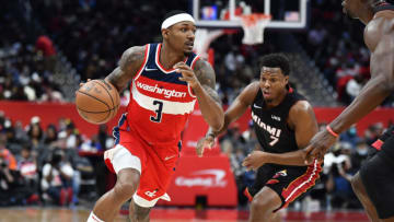 Washington Wizards guard Bradley Beal (3) dribbles as Miami Heat guard Kyle Lowry (7) looks on(Brad Mills-USA TODAY Sports)