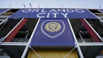 Oct 3, 2015; Orlando, FL, USA; A view of the Orlando City FC banner prior to an MLS Soccer match between the Orlando City FC and the Montreal Impact at Orlando Citrus Bowl Stadium. Mandatory Credit: Reinhold Matay-USA TODAY Sports