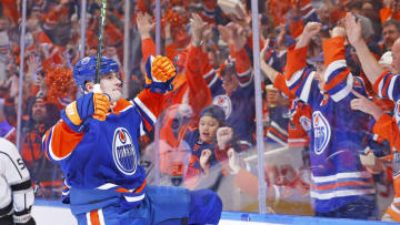 Apr 19, 2023; Edmonton, Alberta, CAN;Edmonton Oilers forward Klim Kostin (21) celebrates scoring a goal during the third period, it turned out to be the game winning goal against the Los Angeles Kings in game two of the first round of the 2023 Stanley Cup Playoffs at Rogers Place. Mandatory Credit: Perry Nelson-USA TODAY Sports