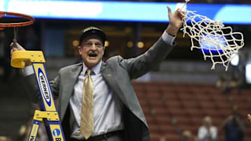 March 26, 2016; Anaheim, CA, USA; Oklahoma Sooners head coach Lon Kruger cuts the net and celebrates the 80-68 victory against Oregon Ducks to win the West regional final of the NCAA Tournament at Honda Center. Mandatory Credit: Richard Mackson-USA TODAY Sports