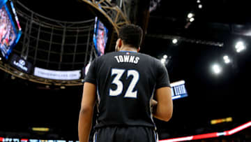 MINNEAPOLIS, MN - FEBRUARY 14: Karl-Anthony Towns #32 of the Minnesota Timberwolves looks on during the game against the Cleveland Cavaliers on February 14, 2017 at Target Center in Minneapolis, Minnesota. NOTE TO USER: User expressly acknowledges and agrees that, by downloading and or using this Photograph, user is consenting to the terms and conditions of the Getty Images License Agreement. Mandatory Copyright Notice: Copyright 2017 NBAE (Photo by Jordan Johnson/NBAE via Getty Images)