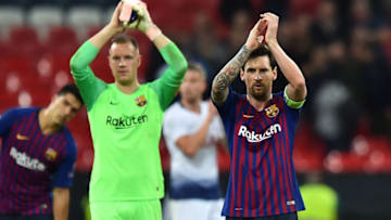 Lionel Messi and Marc-Andre ter Stegen, Barcelona (Photo credit should read GLYN KIRK/AFP via Getty Images)